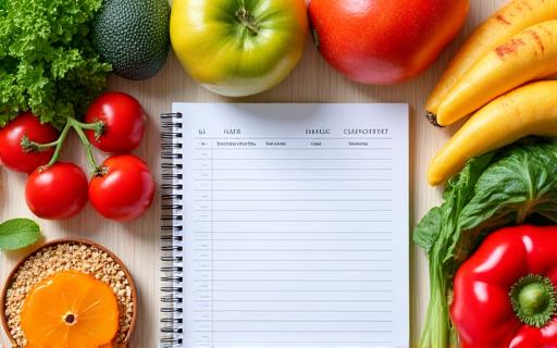 A colorful array of healthy foods and a meal plan notebook.